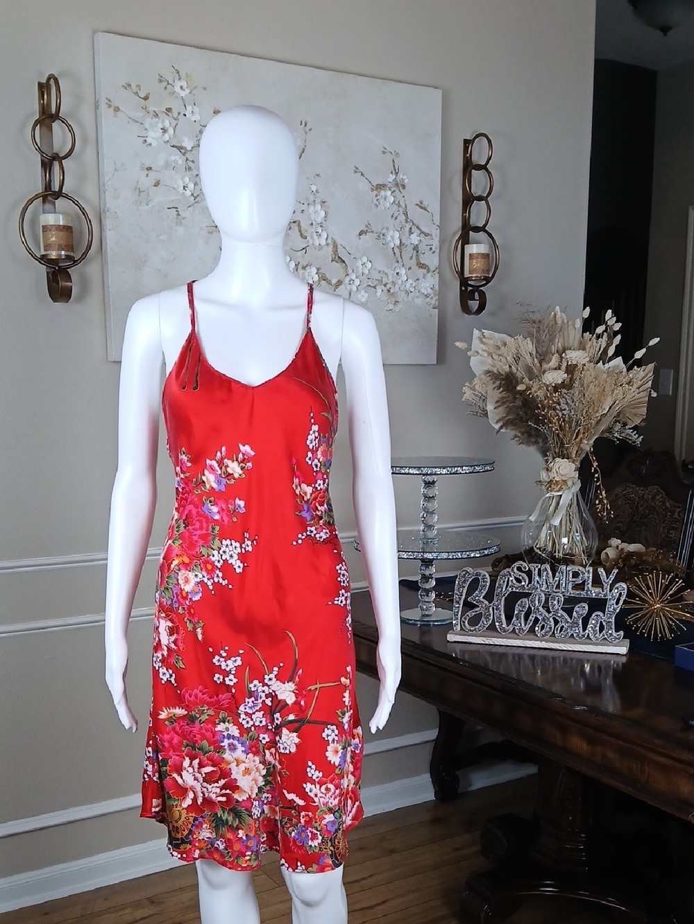 Women's Silk Red Floral V-Neck Satin Slip Mini Dress Medium